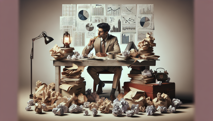 Consolidating Debt On A Tight Budget: Essential Tips | DCL A person at a cluttered desk, surrounded by bills, contemplating debt consolidation strategies.