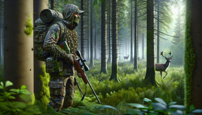Hunting Stealth Techniques: A hunter in camouflage silently stalking a deer in a dense forest, embodying stealth.