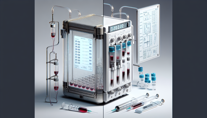 Evolution of blood sample transport: from basic glass container to modern high-tech kit with temperature control and shock absorption.