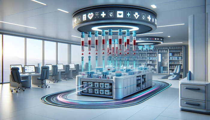 Futuristic lab with automated blood test transport kits, reducing wait times and enhancing healthcare access.