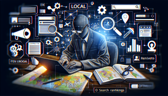 A contractor using a laptop to optimize local SEO, with city maps and business tools around, targeting diverse clientele.