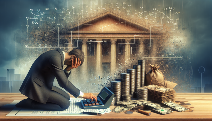 Prepayment Penalties and Their Impact on Consolidation Loans | DCL Frustrated borrower amidst loan documents and calculator, with looming bank building, illustrating prepayment penalty burden.