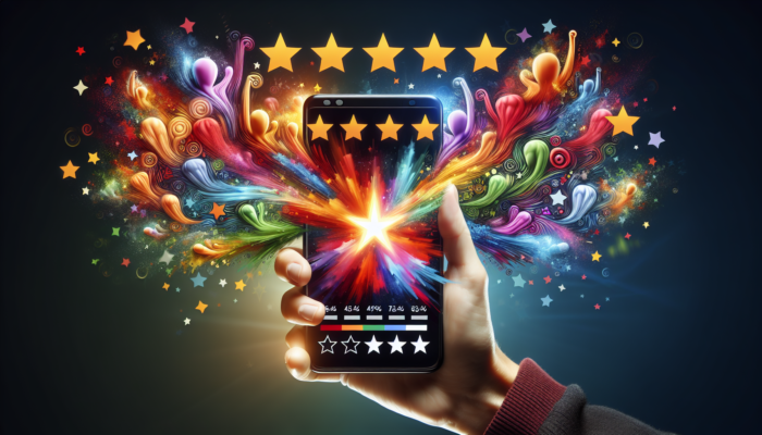 A smartphone displaying a vibrant Google My Business profile with stars and happy customer icons, indicating high ratings and engagement.
