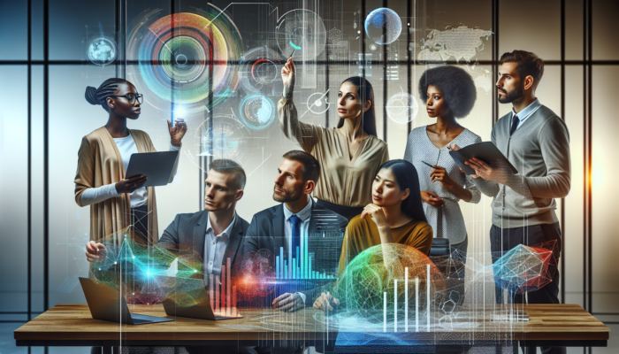 A diverse team analyzing customer data on a screen to improve business strategies and customer satisfaction.