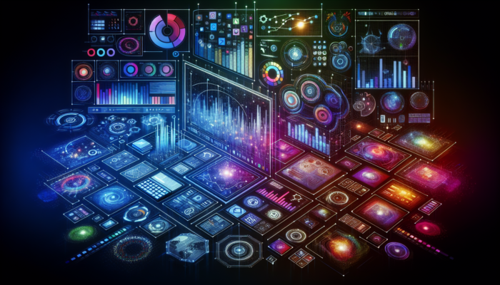 A colorful digital dashboard displaying social media metrics like reach, impressions, conversion rates, and ROAS, aligned with SMART business objectives.