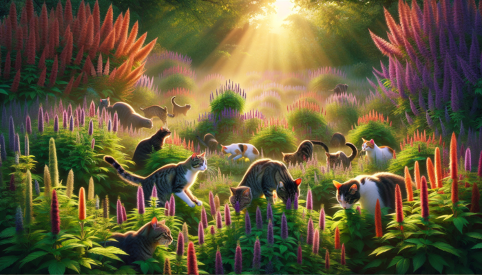 Cats playing with catnip plants in a serene garden, highlighting the herb's effects on felines.