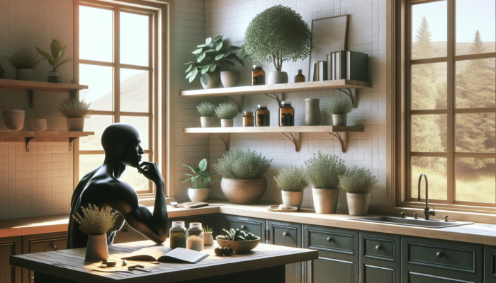 Meal Planning with Ashwagandha: A serene kitchen with ashwagandha plants, a person planning meals with supplements, surrounded by calming elements.