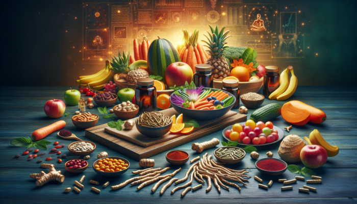 A vibrant table with plant-based meals and ashwagandha, enhancing nutrient absorption for optimal health.