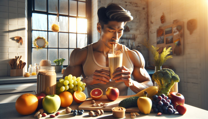 Person enjoying a creamy banana smoothie with ashwagandha, surrounded by fresh fruits and greens on a kitchen counter.