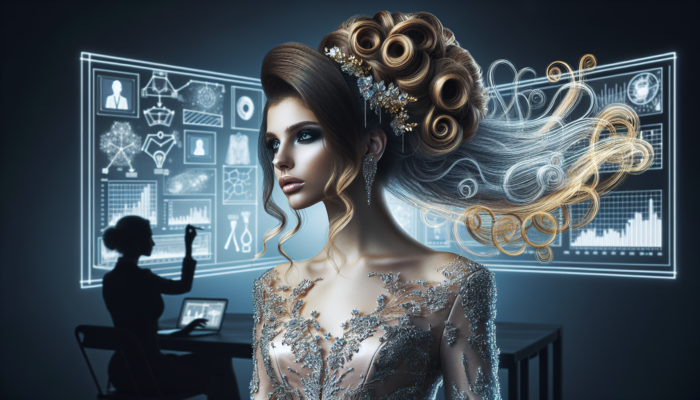 Elegant woman with long, flowing hair in intricate updos and curls, with sparkling accessories at a glamorous event.