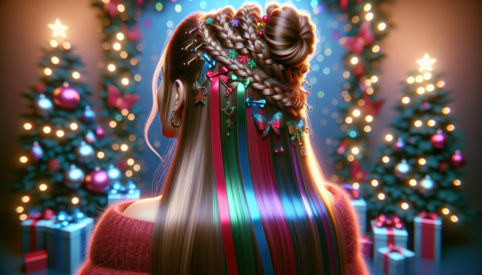 Long hair with half-up style, ribbons, holiday clips, crown braid, metallic threads, festive party setting.