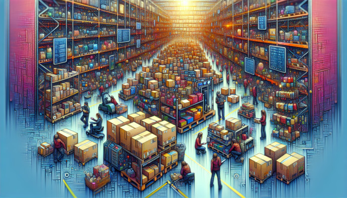 Legal Transport Rules For Clearance Items: A warehouse with various clearance items like electronics and clothing, packed and labeled for transport according to logistics guidelines.