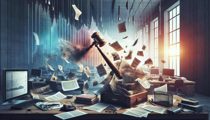 A chaotic office with scattered legal documents, a striking gavel, and screens showing falling stocks and news of fines and seizures.