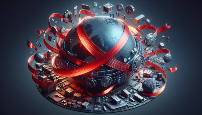 A globe surrounded by legal documents, trade agreements, and symbols of consumer and environmental laws, representing the transport of clearance items.