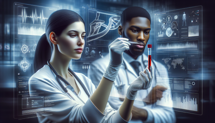 Two healthcare professionals verifying test tube label and digital patient record in a modern lab.