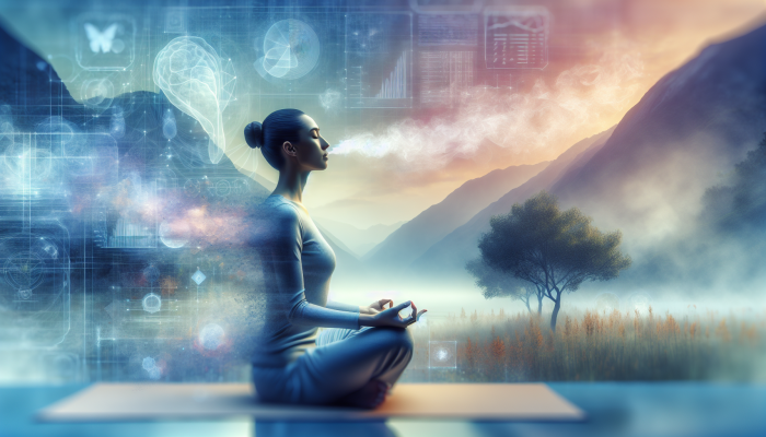 Blood Test Relaxation: Person practicing diaphragmatic breathing in a tranquil landscape, abdomen expanding with deep breaths.