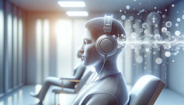 A patient relaxing in a calm clinical setting, listening to soothing music through headphones.