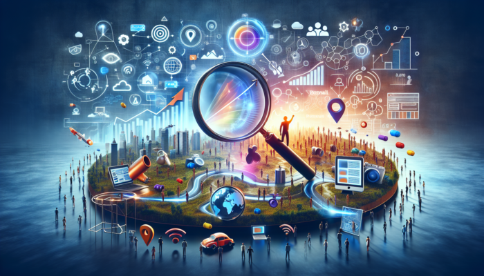 A vibrant digital landscape depicting SEO metrics, targeted advertisements, and engaged users on various devices.