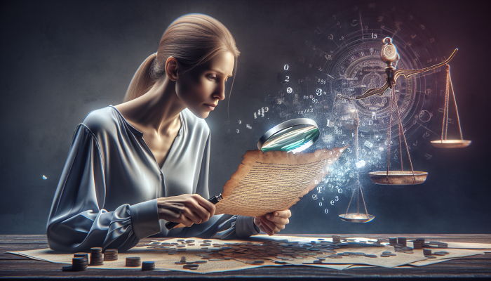 Secrets To Successful Debt Consolidation Loans: Proven Tips | DCL Person using magnifying glass to read loan document, with graphs and balancing scales in background.