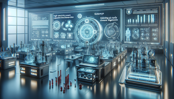 Blood Test Accuracy Improvements: Futuristic lab using high-sensitivity assays for early disease detection, focusing on oncology and emergencies.