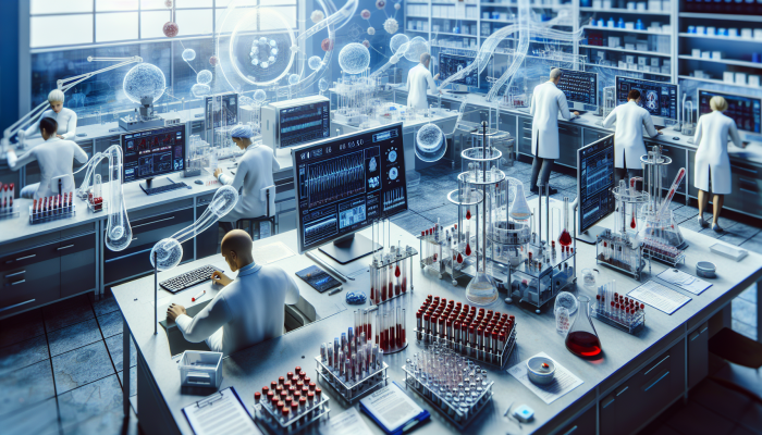 Scientists in a lab calibrating blood testing equipment with standardized reference materials for global consistency and accuracy.
