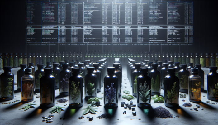 Dark glass bottles with herbal oils, labeled, in a cool, dark place, showing different colors and consistencies.