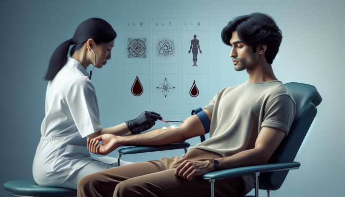 Blood Test Dress: Person in short-sleeved shirt comfortably seated, arm extended for blood test, phlebotomist accessing vein.