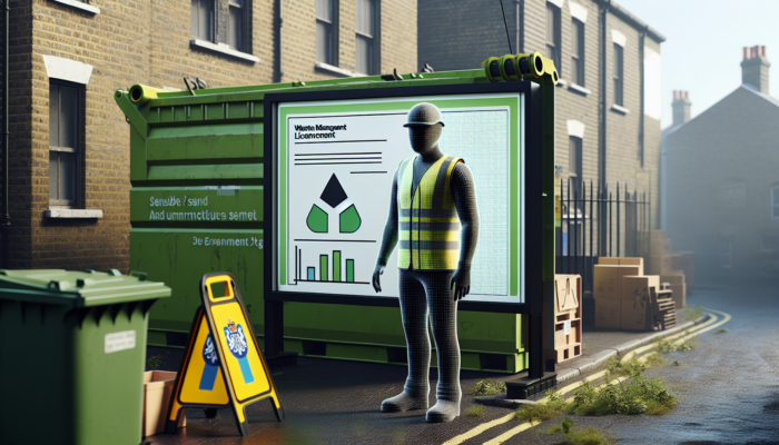 House Clearance Regulations: Person in high-visibility vest with waste management license beside labeled skip in UK urban setting, Environment Agency logo visible.