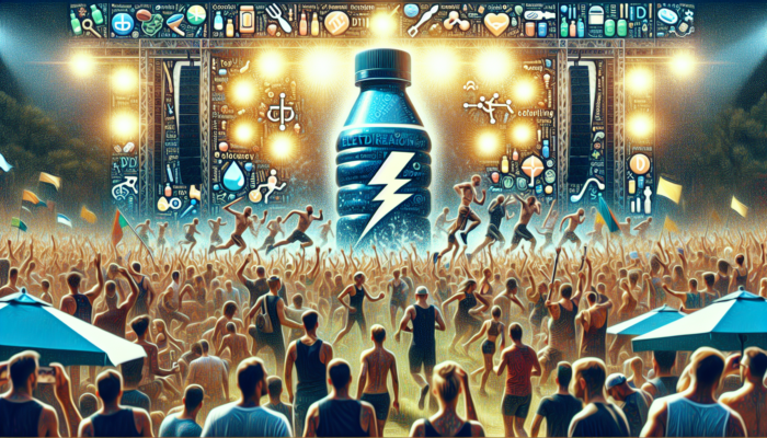 Supplements for Festival Athletes: Festival attendees drinking electrolyte drinks with sodium, potassium, magnesium icons under a hot sun.