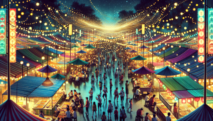 A vibrant night festival scene with people eating street food, colorful booths, and twinkling lights.