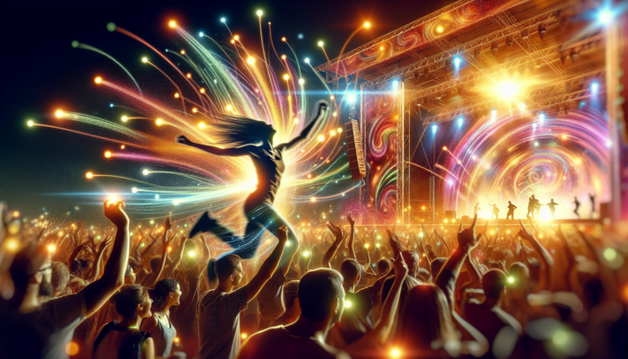 A festival-goer dancing energetically at a vibrant music festival, sustained by energy supplements.
