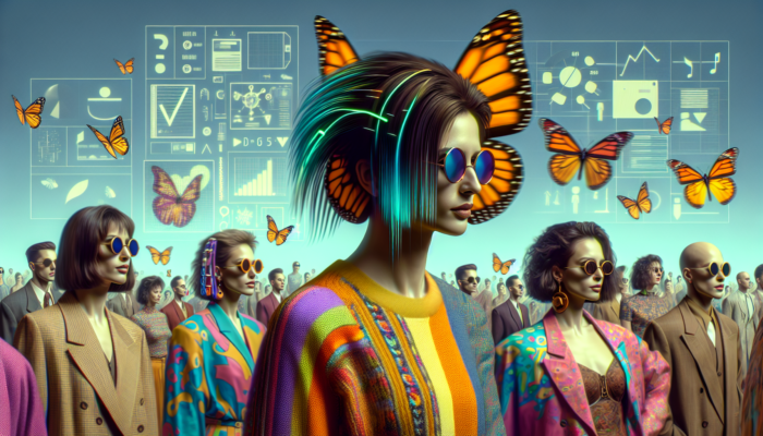 Person with butterfly haircut, layers like butterfly wings, amidst 1990s fashion, embodying freedom and elegance.