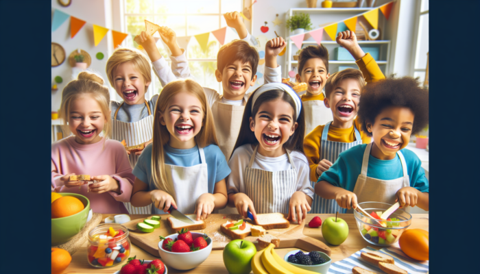 Top Tips for Cooking with Kids in Mind: Children joyfully cooking simple recipes in a colorful kitchen, boosting their confidence and skills.