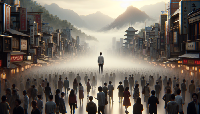 Coping with Isolation: A person alone in a crowded city, feeling invisible and disconnected, with a misty mountain village in the background.