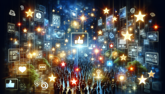 A digital marketplace with glowing businesses, stars, and reviews, symbolizing enhanced visibility via Yelp My Business.
