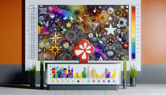 A modern dashboard with colorful graphs and the Yelp logo, showing restaurant business analytics.