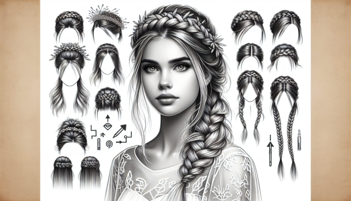 Young woman with half-up half-down hairstyle, intricate braided accents, crown braid, loose messy braids, elegant bohemian prom style.