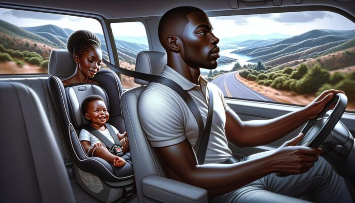 Child securely fastened in car seat, family driving safely on scenic road, emphasizing child safety.