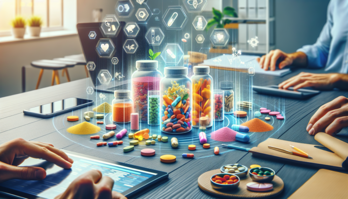 A colorful assortment of dietary supplements in pills, powders, and liquids on a desk.