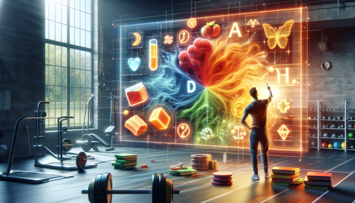 Person analyzing supplement chart with vitamin D and protein icons, sunlit window and gym equipment in background.