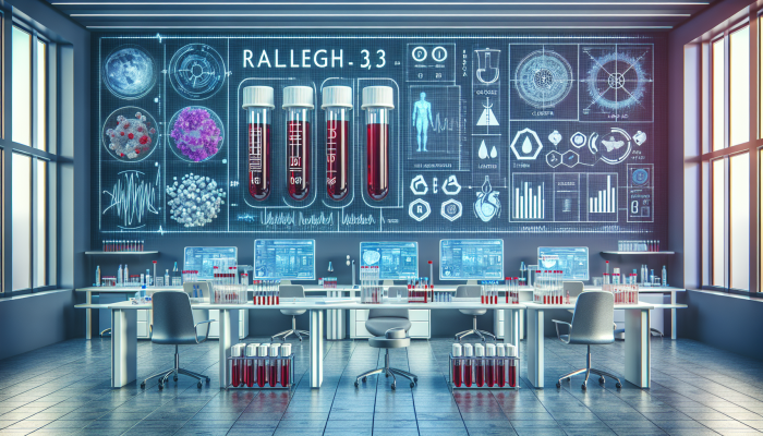 General Health Blood Test in Raleigh: Illustration of blood test vials labelled for glucose, cholesterol, liver enzymes, kidney function in a modern lab.