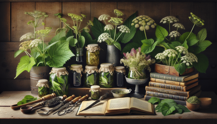 Jars of fermenting nettle and elderflower in a rustic UK kitchen, surrounded by herbs and folklore books.