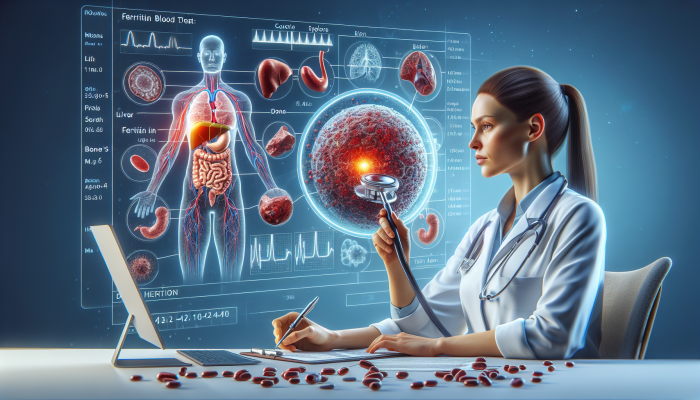 Ferritin Blood Test in Wakefield: Illustration of ferritin test showing iron storage in liver, spleen, bone marrow, and analysis by healthcare professional.