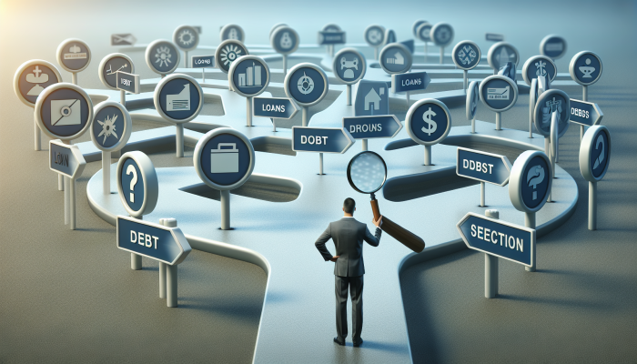 How to Succeed with a Debt Consolidation Loan: A Guide to Financial Freedom | DCL Person at crossroads analyzing loan options with magnifying glass under clear sky.