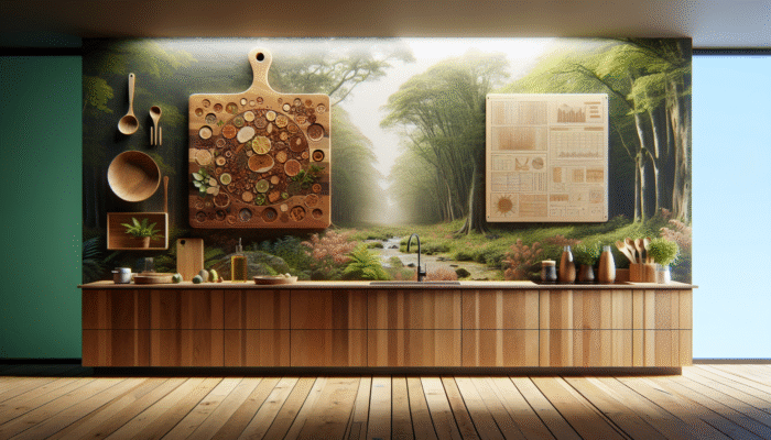 A sustainable kitchen scene with a wooden cutting board made from maple, walnut, and cherry, set against a sustainably managed forest.