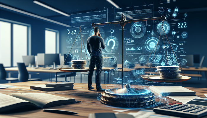 How to Leverage Debt Consolidation for Investments: A Guide | DCL Person reviewing financial documents, considering debt consolidation, with credit scores and fees on a scale, in a modern UK office.