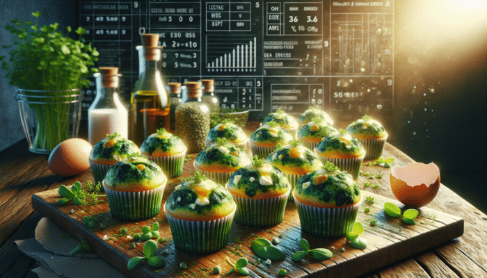 Freshly baked spinach and feta egg muffins on a rustic table, sprinkled with herbs, in morning sunlight.
