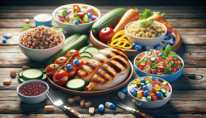 Grilled chicken, quinoa salad, and colorful vegetables on a rustic table, symbolizing diabetes-friendly lunch options.
