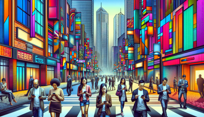 A vibrant city street with prominent business signs attracting local customers using smartphones for searches.