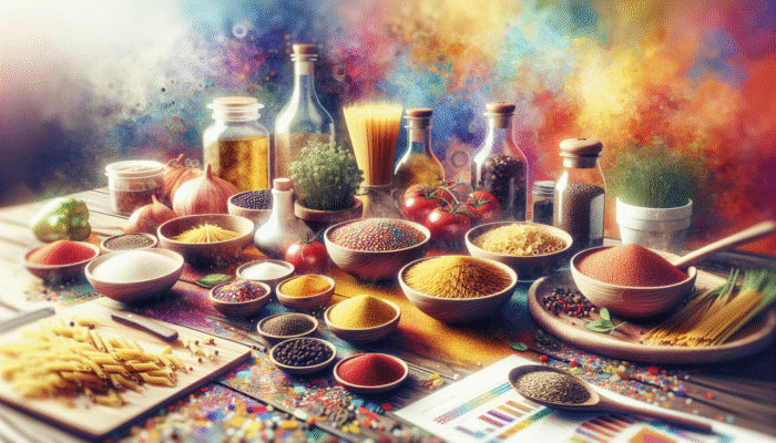 Colorful grains and pasta with spices and herbs in a vibrant kitchen, ready for creative cooking.